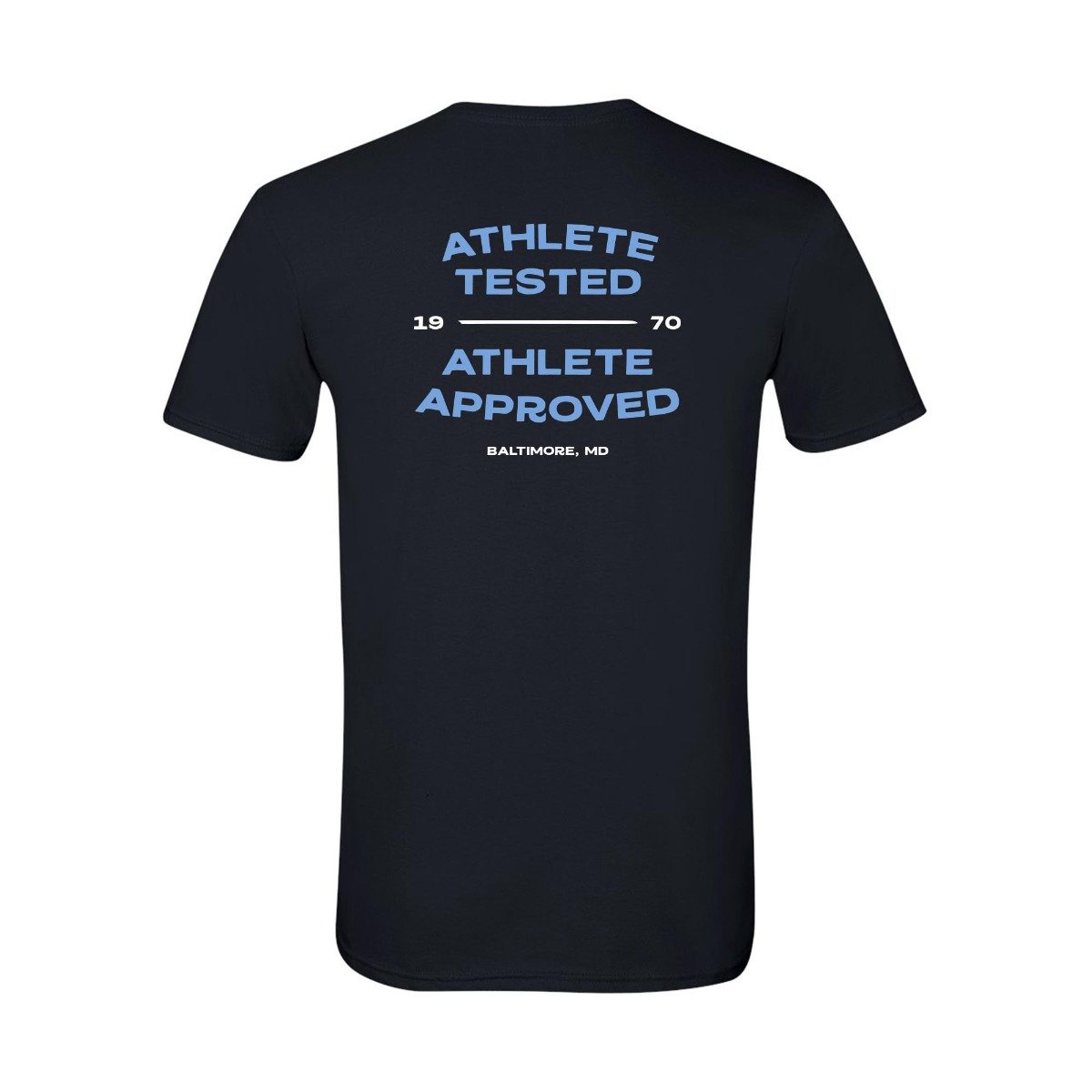 stx t shirt athlete tested approved black with blue logo back