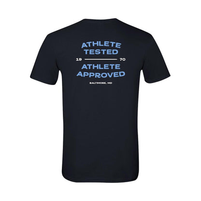 stx t shirt athlete tested approved black with blue logo back