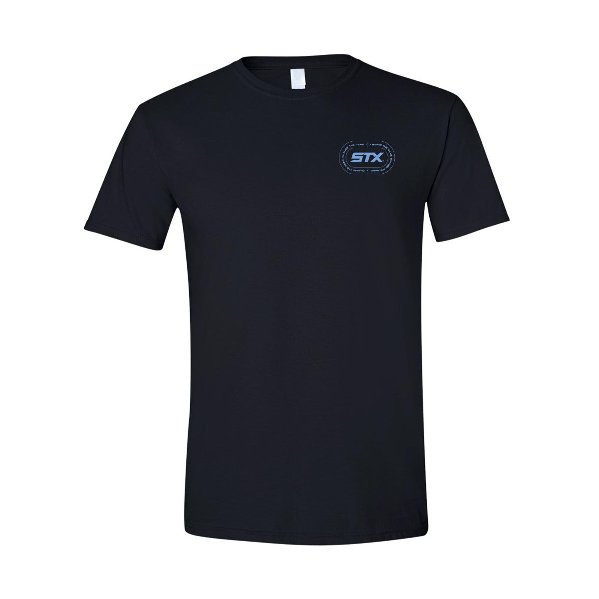 stx t shirt athlete tested approved black with blue logo front