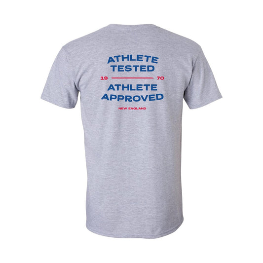 stx t shirt athlete tested approved gray with blue logo back