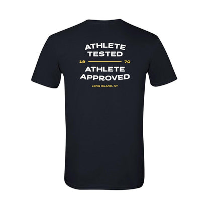 stx t shirt athlete tested approved black with yellow logo back