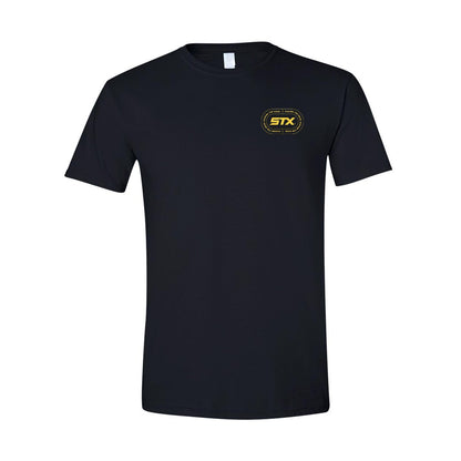 stx t shirt athlete tested approved black with yellow logo front