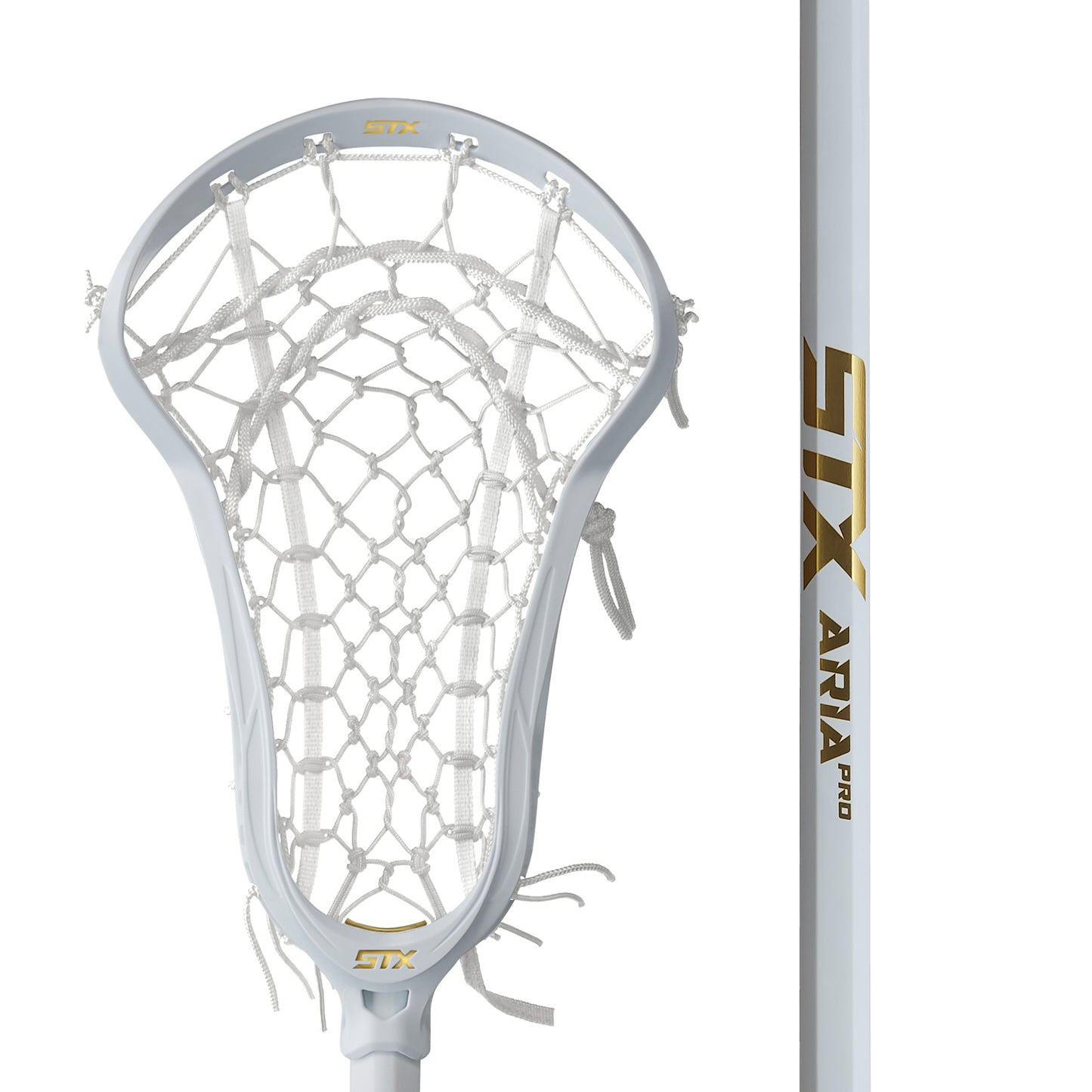 aria pro complete lacrosse stick zoomed in white with white lock pocket