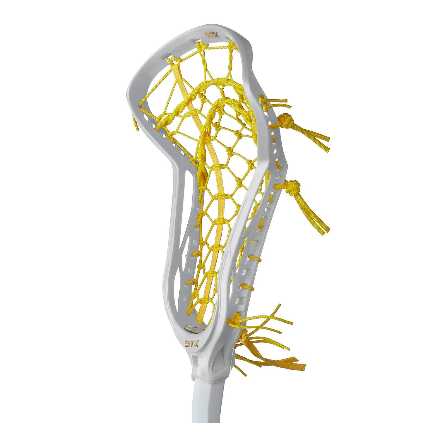 stx aria pro white head only strung with yellow lock pocket angled