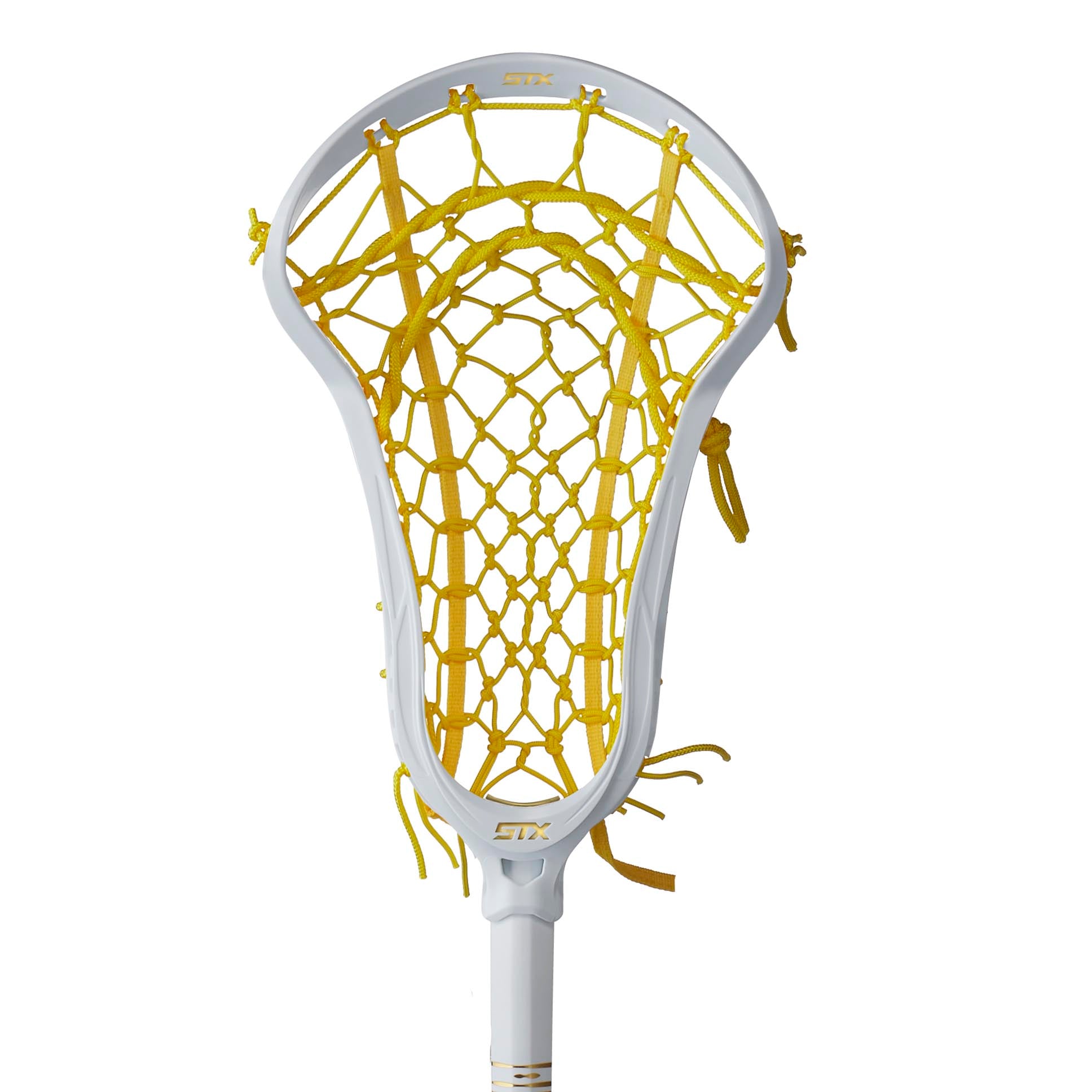 stx aria pro white head only strung with yellow lock pocket front