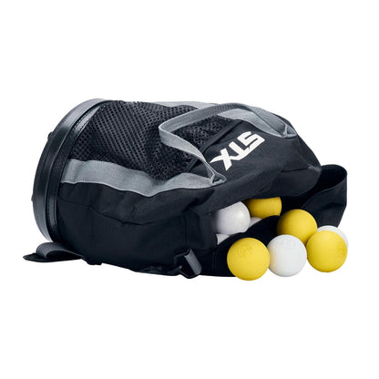 STX Lacrosse Bucket Ball Bag on it's side with lacrosse balls