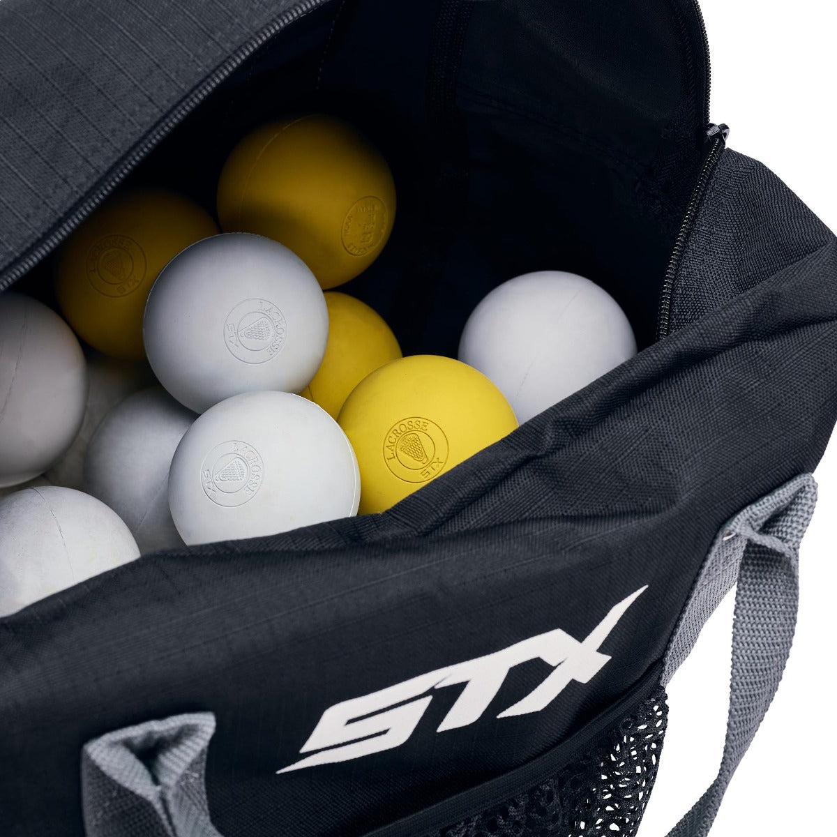 STX Lacrosse Bucket Ball Bag inside full of lacrosse balls