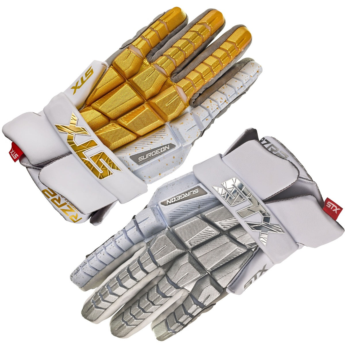 STX RZR2 White lacrosse gloves gold and silver limited edition back of hand