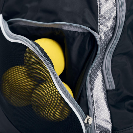 stx sidewinder lacrosse backpack close up of mesh pocket with lacrosse  balls