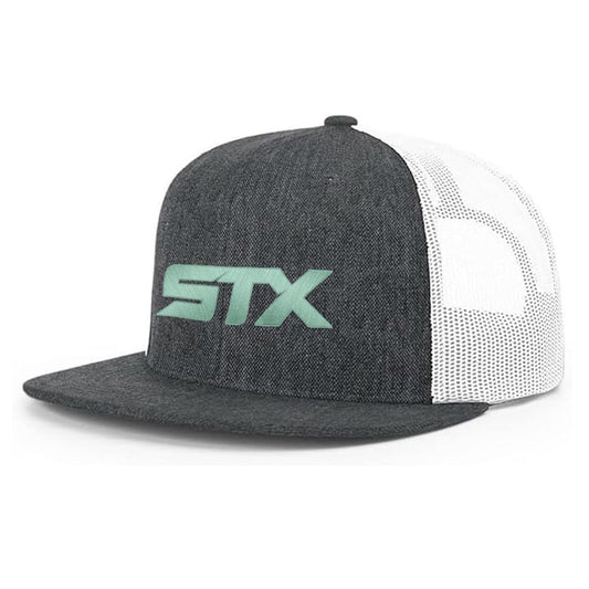 Gray STX trucker hat with mint green embroidered logo angled