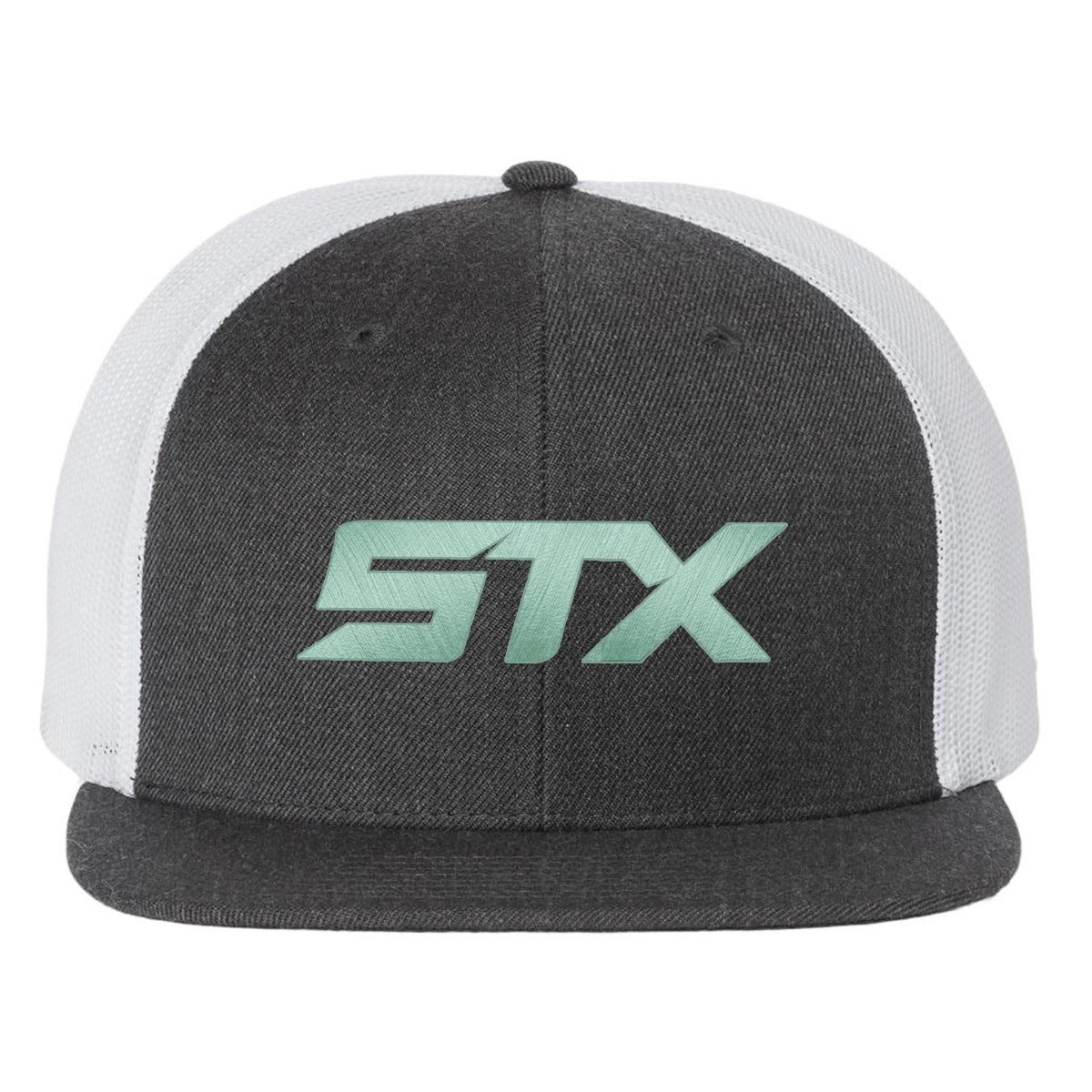 Gray STX trucker hat with mint green embroidered logo front