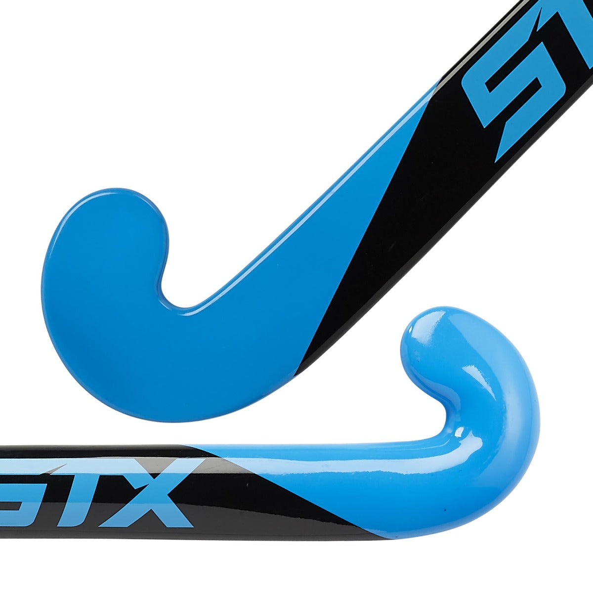 STX RX 101 field hockey stick, blue black and white, close up of toe