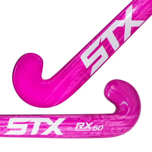 STX RX 50 field hockey stick pink with black handle, close up of toe