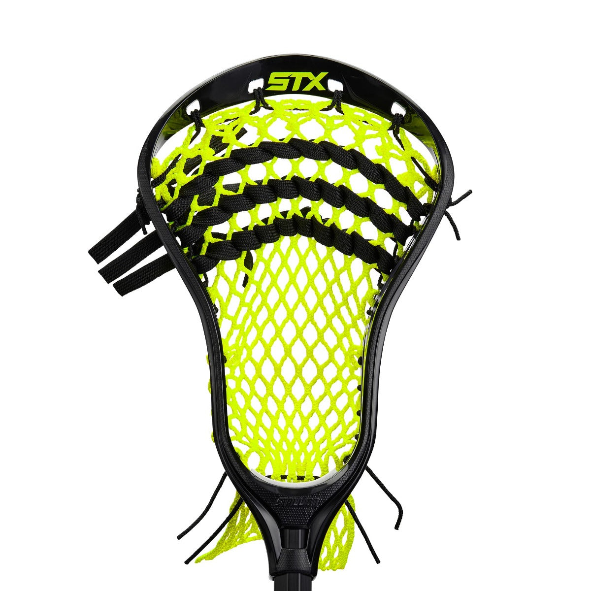 stx stallion 200 complete boys lacrosse stick black with yellow pocket head close up front