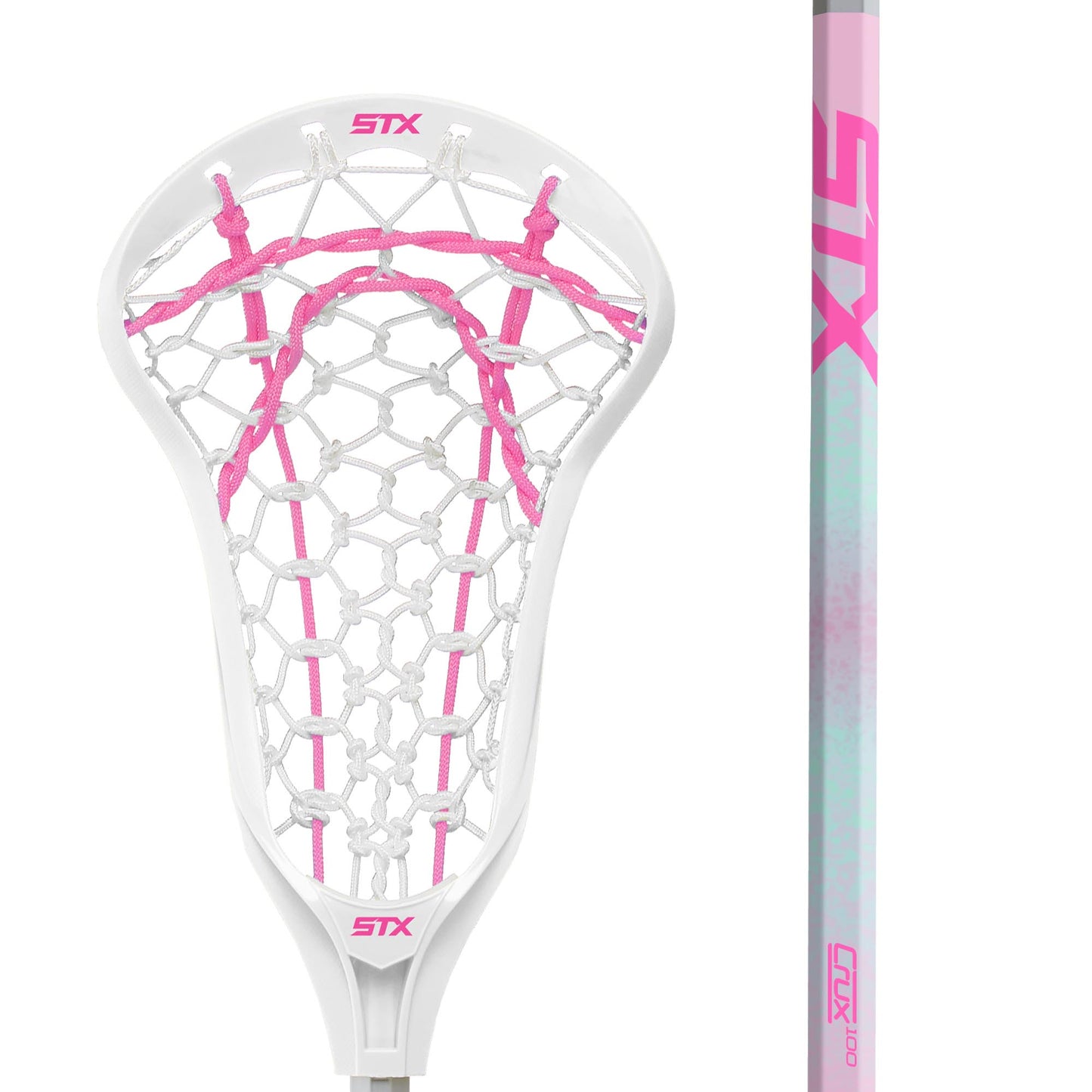 stx crux 100 girl's lacrosse stick with lock pocket junior white pink close up