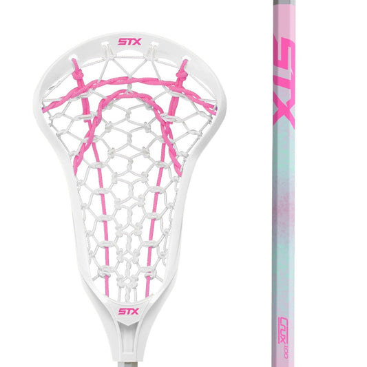 stx crux 100 girl's lacrosse stick white pink close up