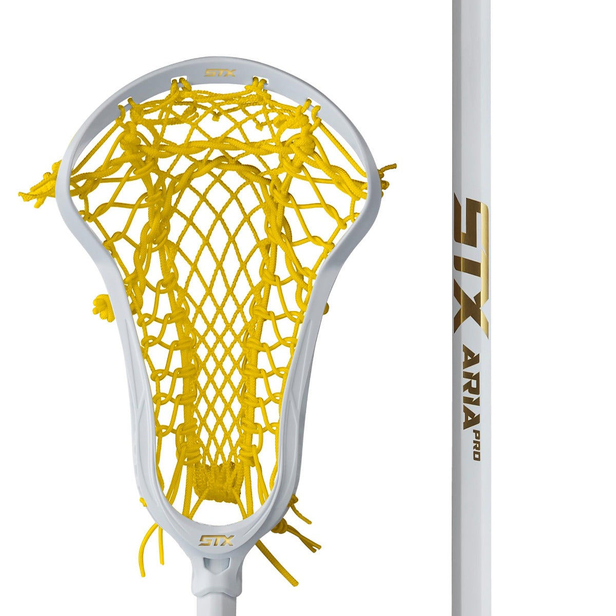 STX Aria Pro Complete womens lacrosse stick white head with yellow mesh and white handle front close up 