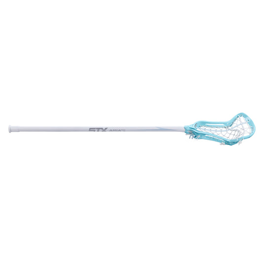 stx aria pro-m women's complete lacrosse stick white handle blue head white lock pocket angled