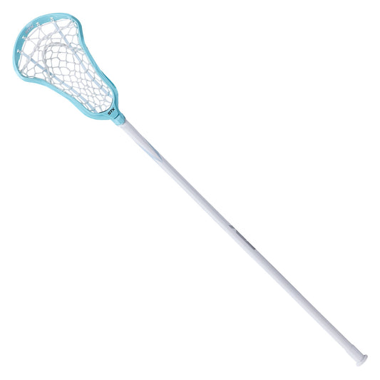 stx aria pro-m women's complete lacrosse stick white handle blue head white lock pocket front