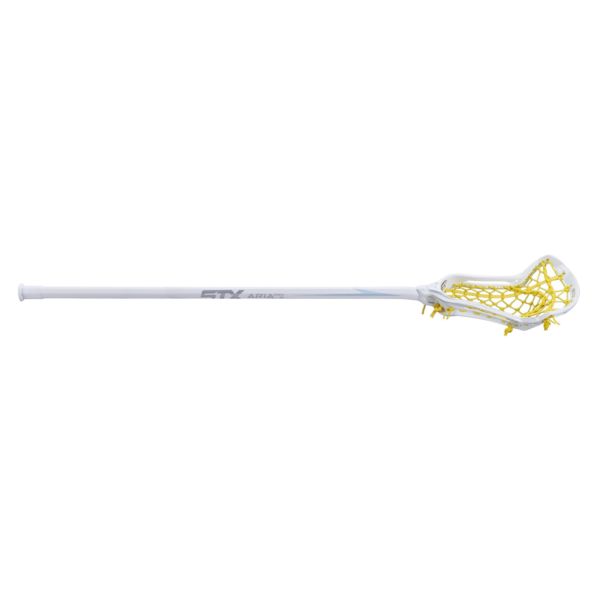 stx aria pro-m women's complete lacrosse stick white stick with yellow lock pocket angled