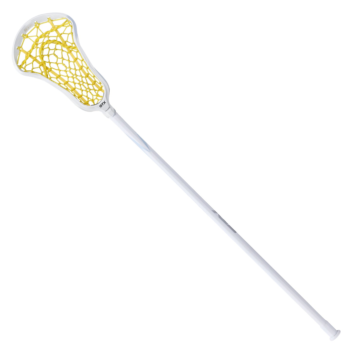 stx aria pro-m women's complete lacrosse stick white stick with yellow lock pocket