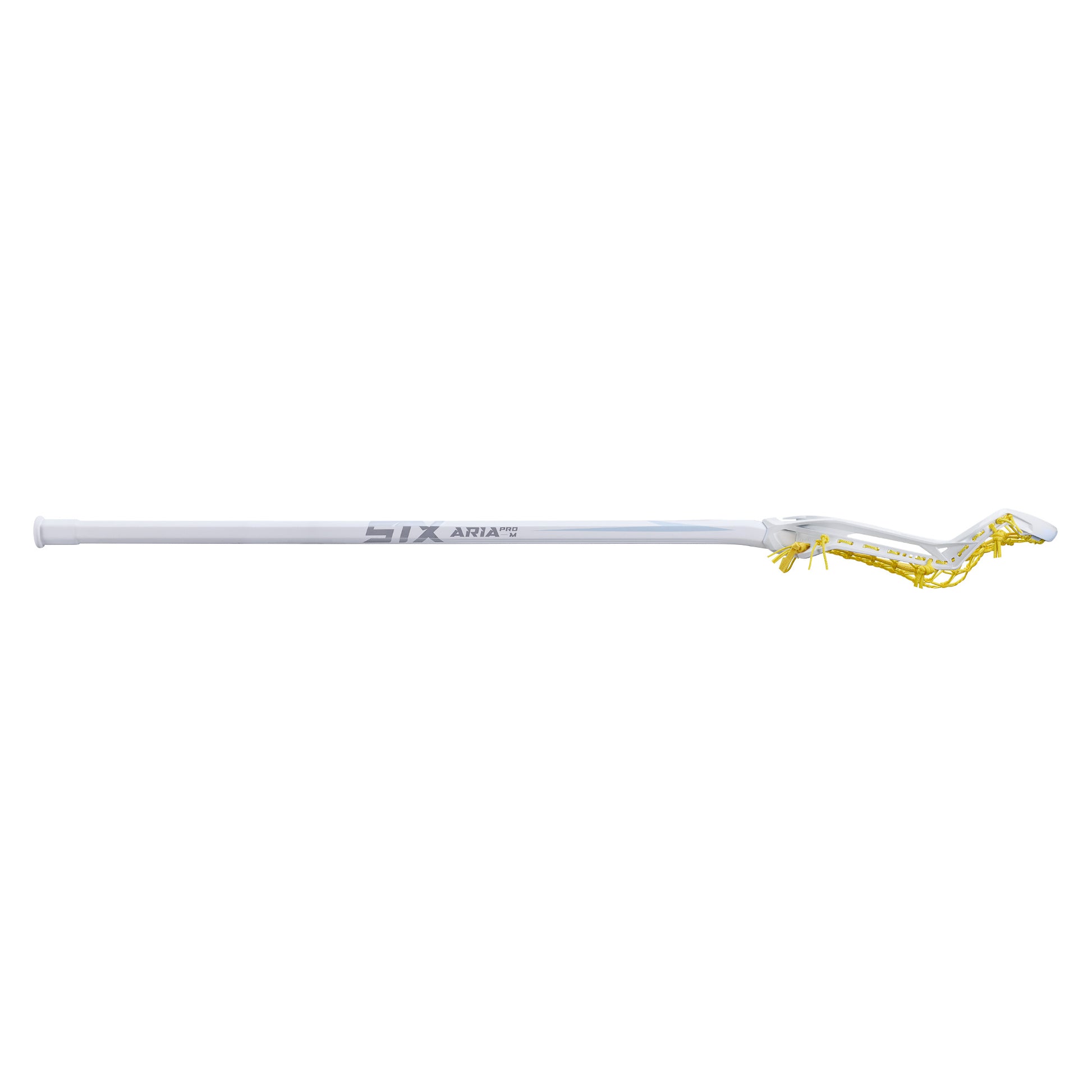 stx aria pro-m women's complete lacrosse stick white stick with yellow lock pocket side