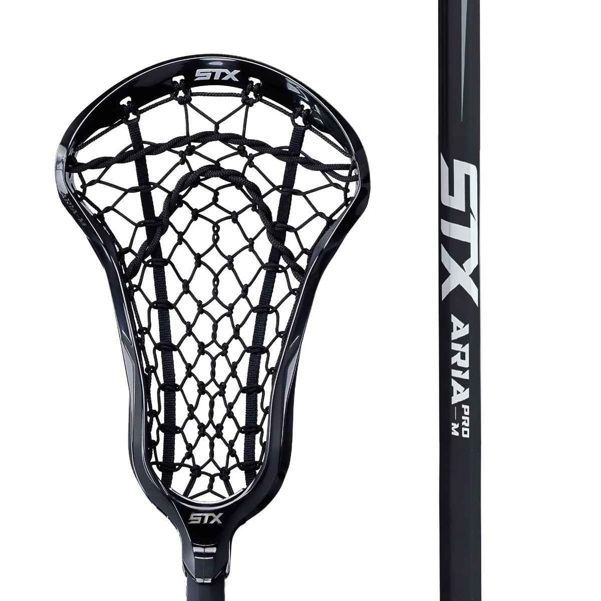 stx aria pro-m women's complete lacrosse stick black head and handle zoomed in