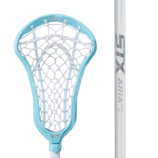 STX aria pro-m women's lacrosse stick white handle, blue head with white pocket head and handle zommed in