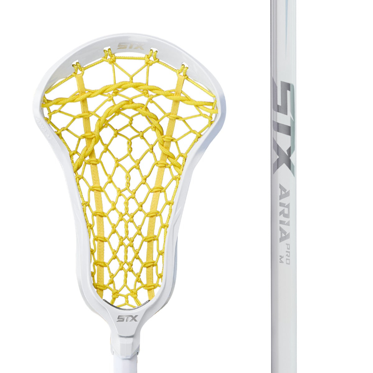 STX aria pro-m women's lacrosse stick white with yellow pocket head and handle zoomed in