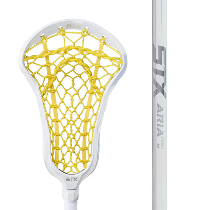 STX aria pro-m women's lacrosse stick white with yellow pocket head and handle zoomed in