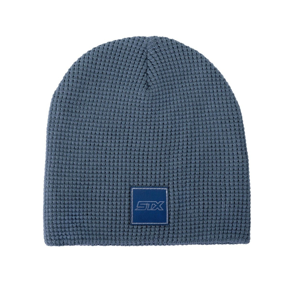 blue stx knit hat with blue square logo patch