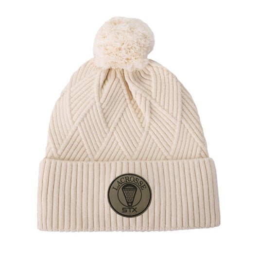 stx knit hat with leather logo patch ivory