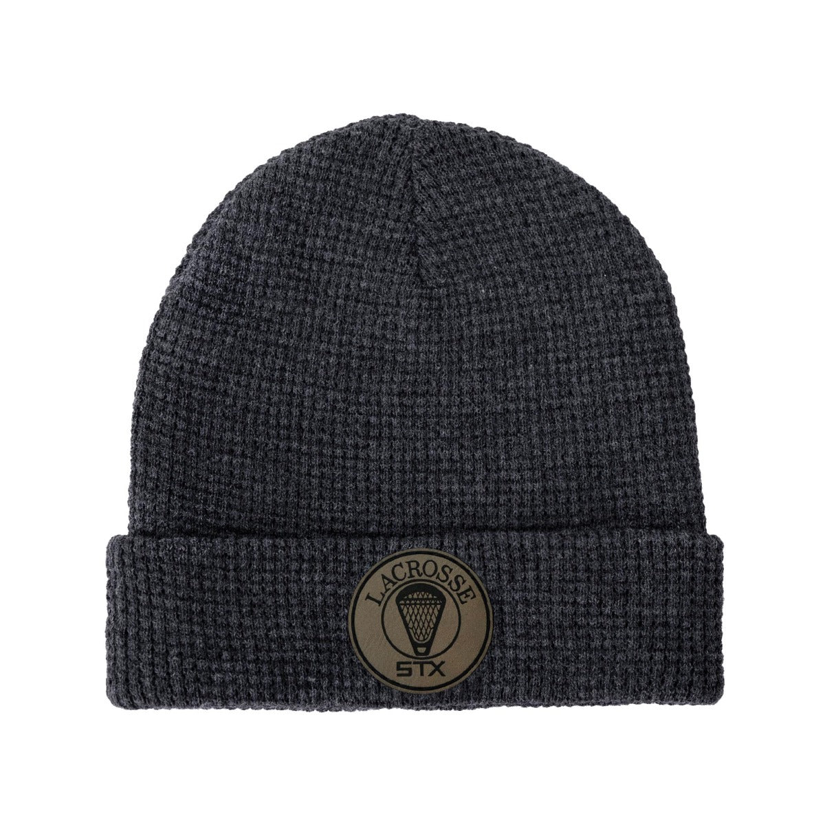 dark gray knit hat with leather stx logo patch