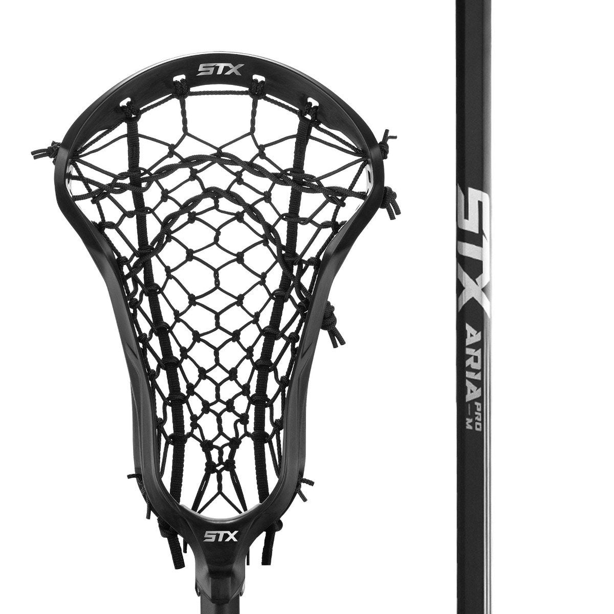 STX Aria Pro Complete womens lacrosse stick black head with black mesh and black handle front close up