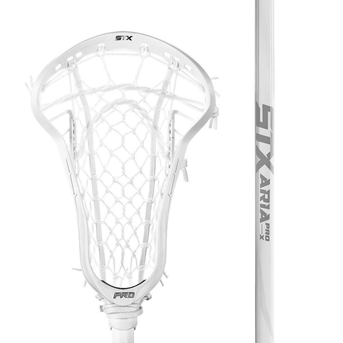 STX Aria Pro Complete womens lacrosse stick white head with white mesh and white handle front close up