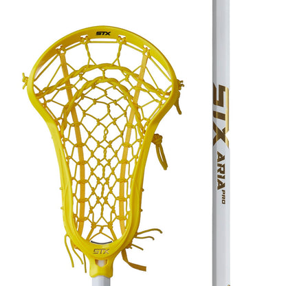 STX Aria Pro Complete womens lacrosse stick yellow head with yellow mesh and white handle front close up