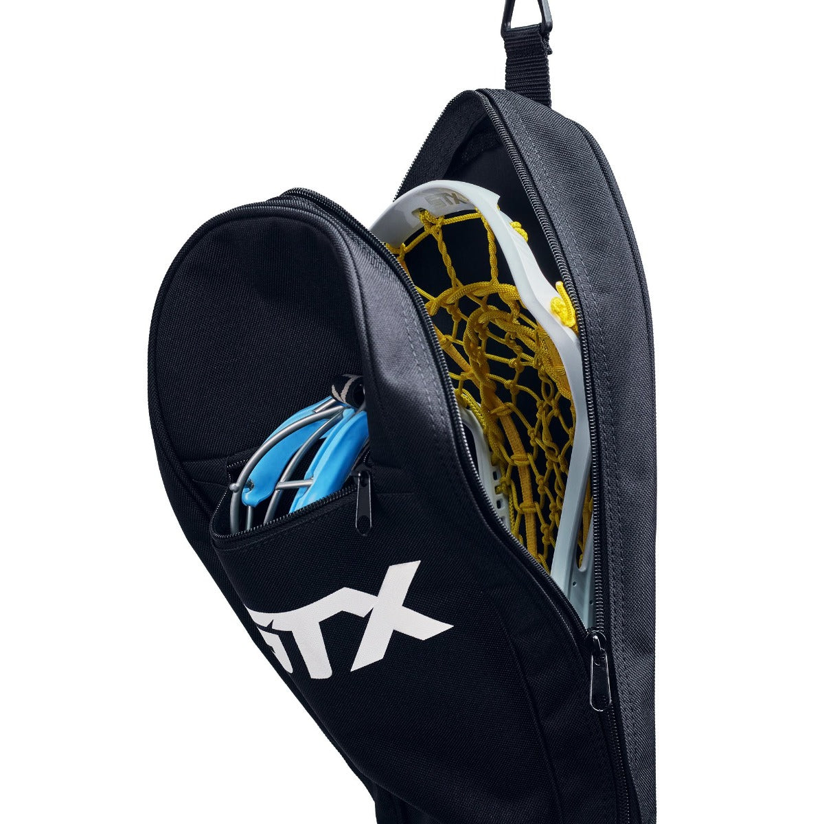 stx essential lacrosse stick bag top of bag with stick and goggles