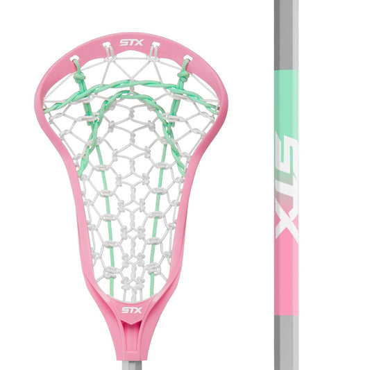 STX Crux Jr. girls complete lacrosse stick pink green and white zoomed in head and handle