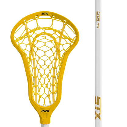 stx crux pro complete women's lacrosse stick yellow head yellow lock pocket with white handle close up