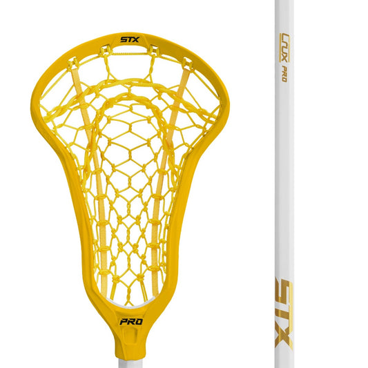 stx crux pro complete women's lacrosse stick yellow head yellow lock pocket with white handle close up