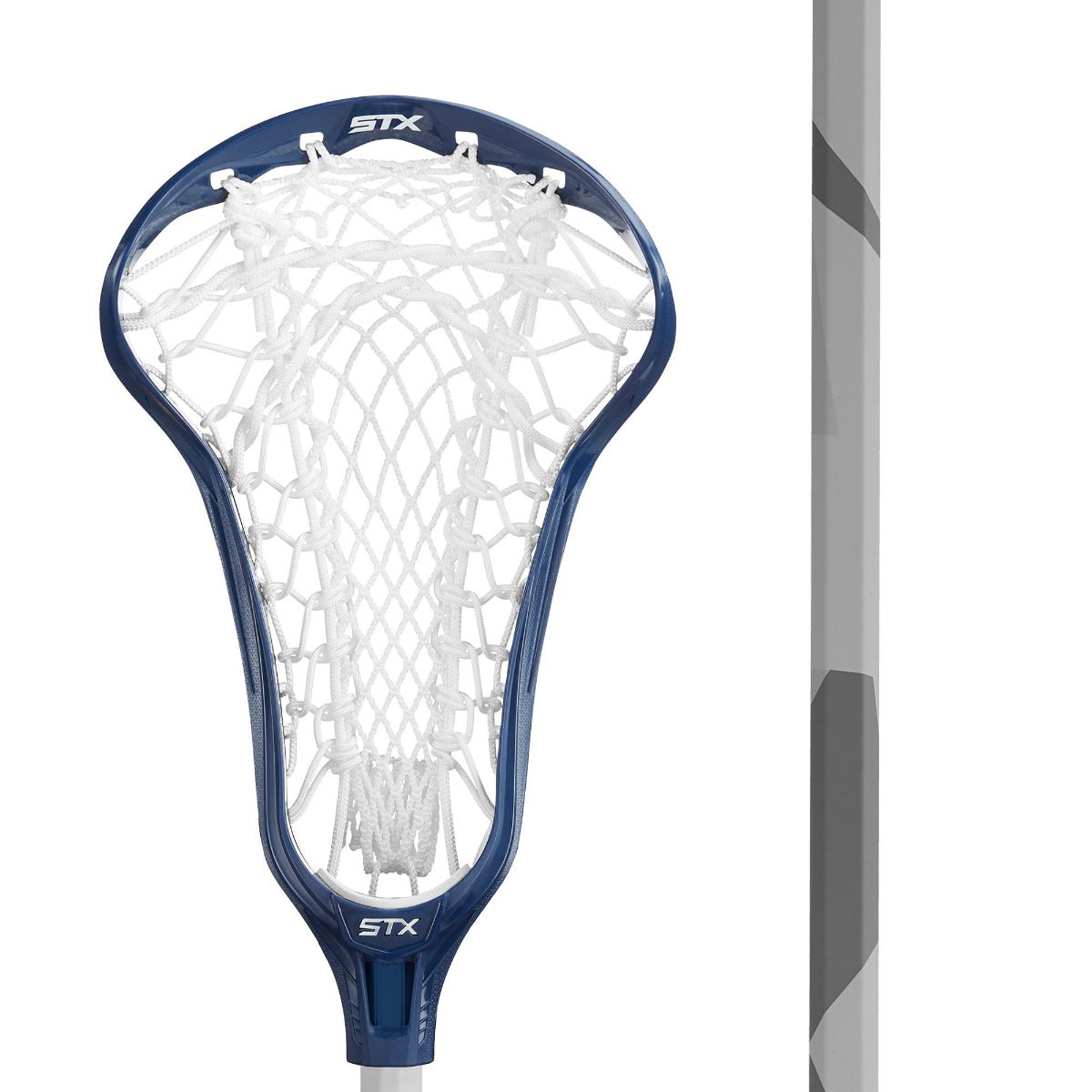 stx crux 400 complete lacrosse stick navy with white pocket close up