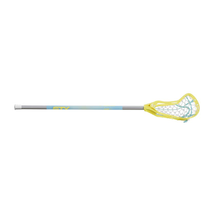 stx crux 100 girl's lacrosse stick with lock pocket junior yellow white angled