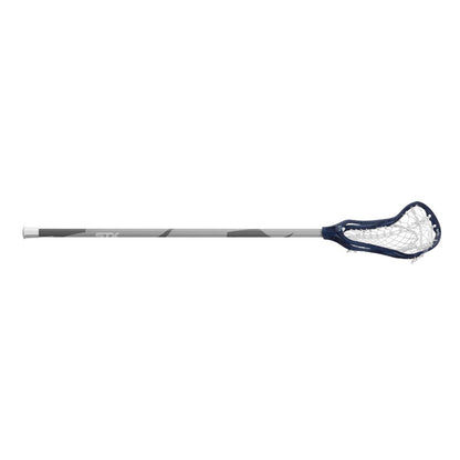 stx crux 400 complete stick with navy head and white crux mesh 2 pocket angled