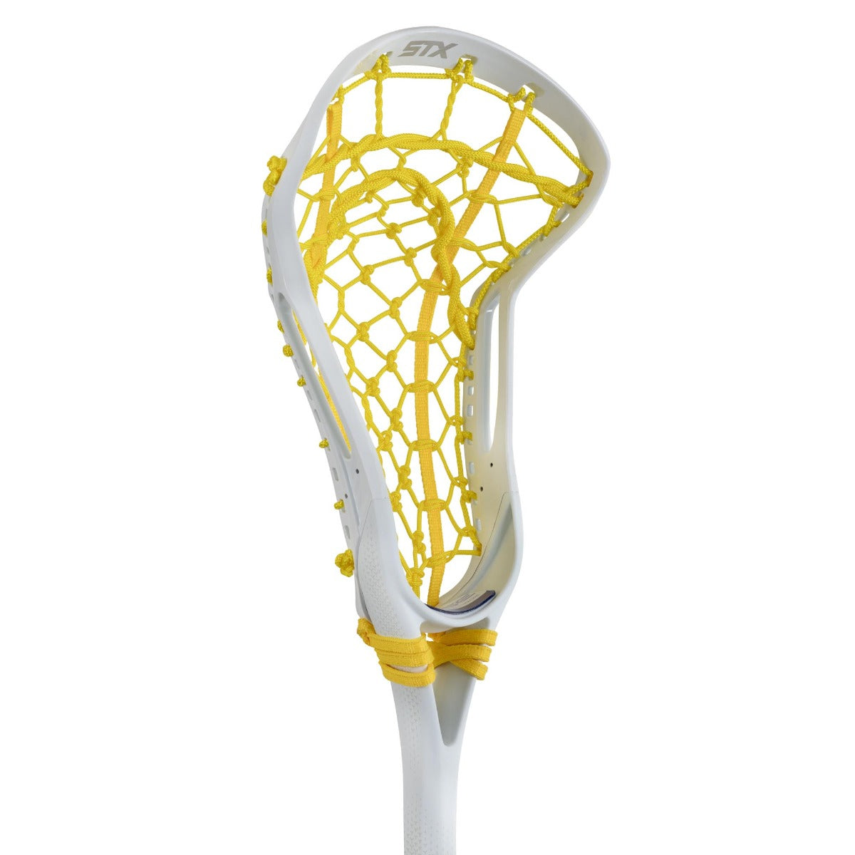 STX Fuse One Piece Women's Lacrosse Stick white stick yellow pocket head angled