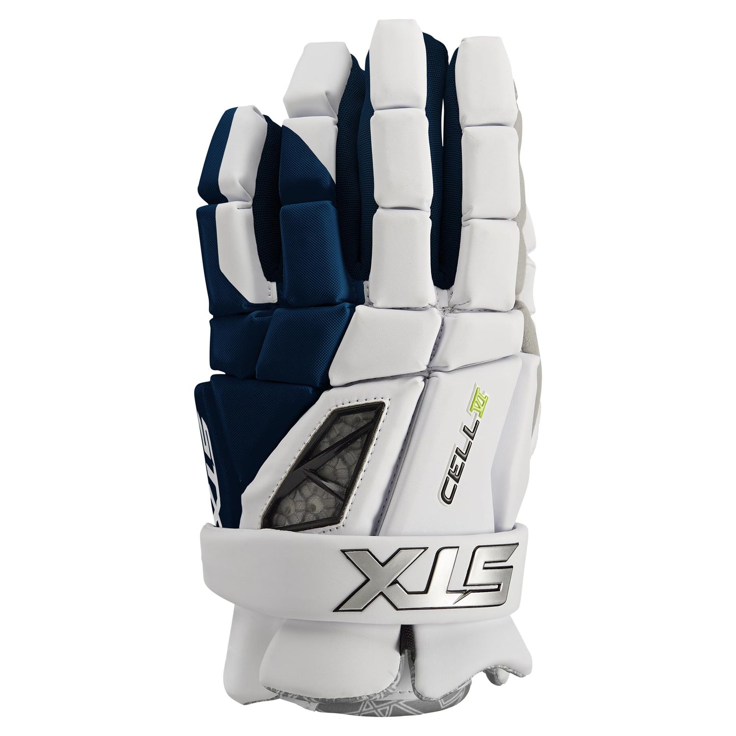 stx cell 6 lacrosse glove white/navy back of hand