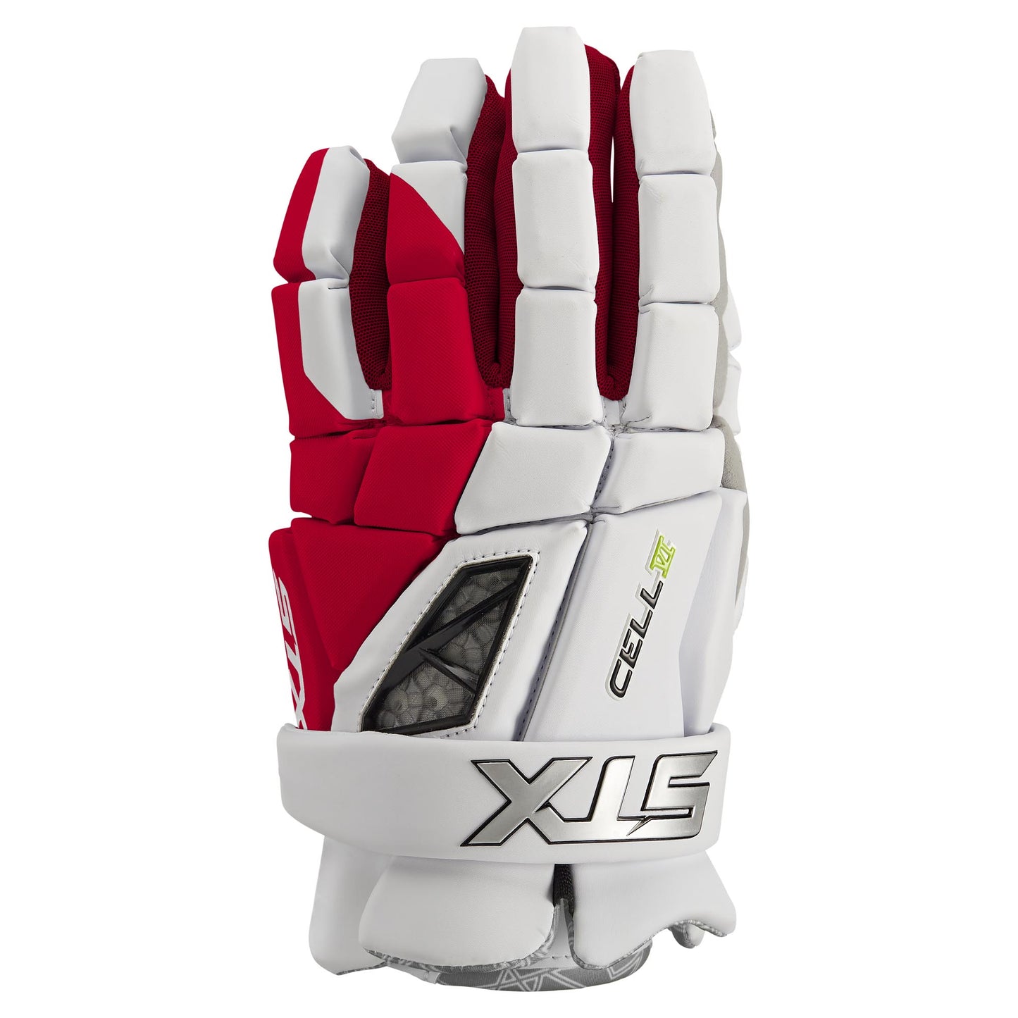 stx cell 6 lacrosse glove white/red back of hand