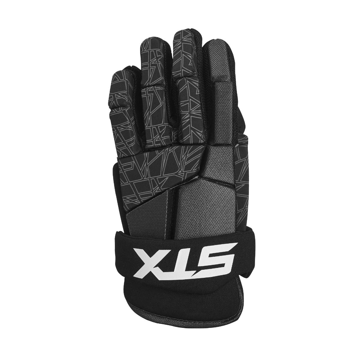 stx stallion 75 boys lacrosse gloves black back of hand