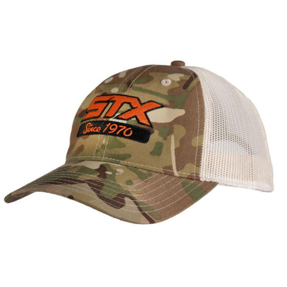 stx camo hat with orange logo side angle