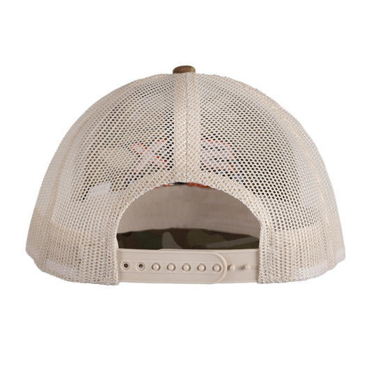 stx camo hat with orange logo side angle back