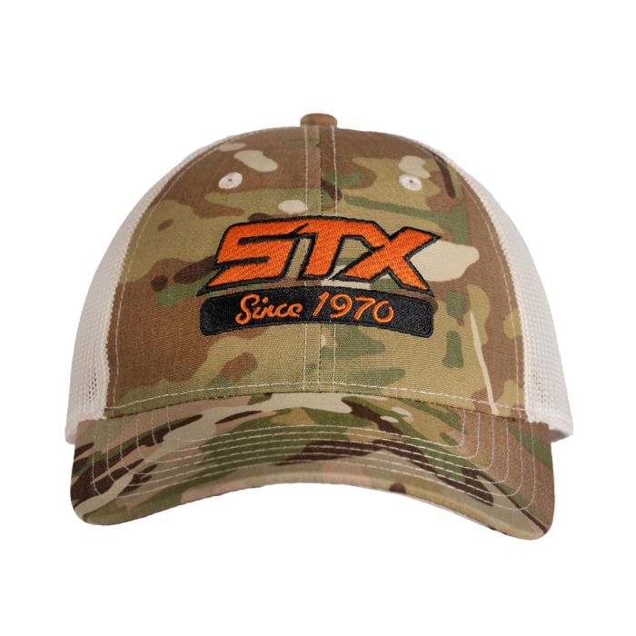 stx camo hat with orange logo side angle front